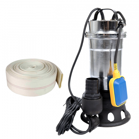 Pompe de apa murdara cu și fără plutitor - Pompa pentru apa murdara cu plutitor fara tocator, DDT, Inox, SWP2550F, 2550 W, 25 mc/h + Furtun apa, tip pompier, 2 toli, 20M