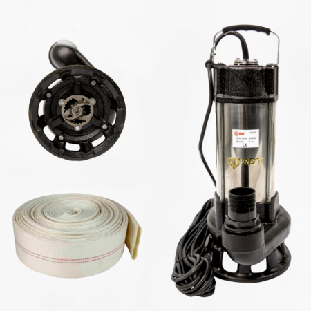 Pompe de apa murdara cu și fără plutitor - Pompa submersibila cu dublu tocator pentru apa murdara, DDT, V1500T, 1500 W, Inox  + Furtun apa, tip pompier, 2 toli, 20M