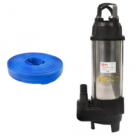 Pompe de apa murdara cu și fără plutitor - Pompa submersibila cu dublu tocator pentru apa murdara, DDT, V370T, Inox + Furtun apa, tip pompier, 1 toli, 50M