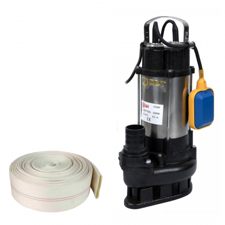 Pompe de apa murdara cu și fără plutitor - Pompa submersibila de apa murdara DDT V1500F, 1500 W, debit 12 mc/h + Furtun apa, tip pompier, 2 toli, 20M