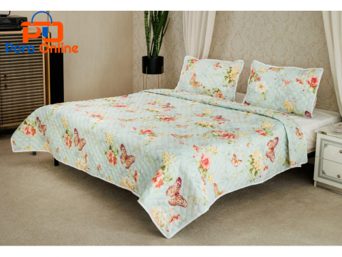Set cuvertura de pat imprimata 200x240 cu 2 fete perna 50x70, Fluturi