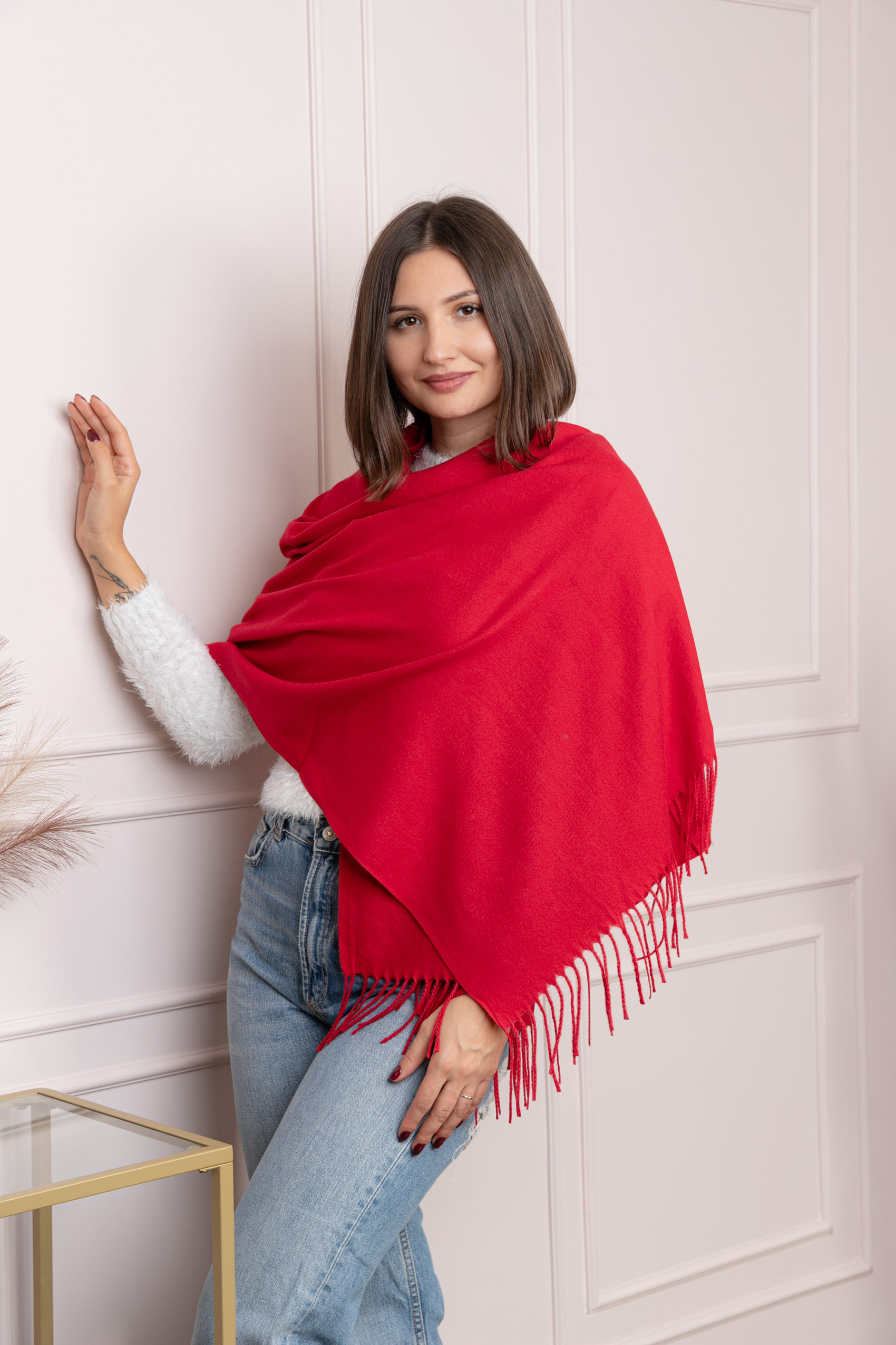 Esarfe si saluri - Sal dama rosu cu franjuri Farrah