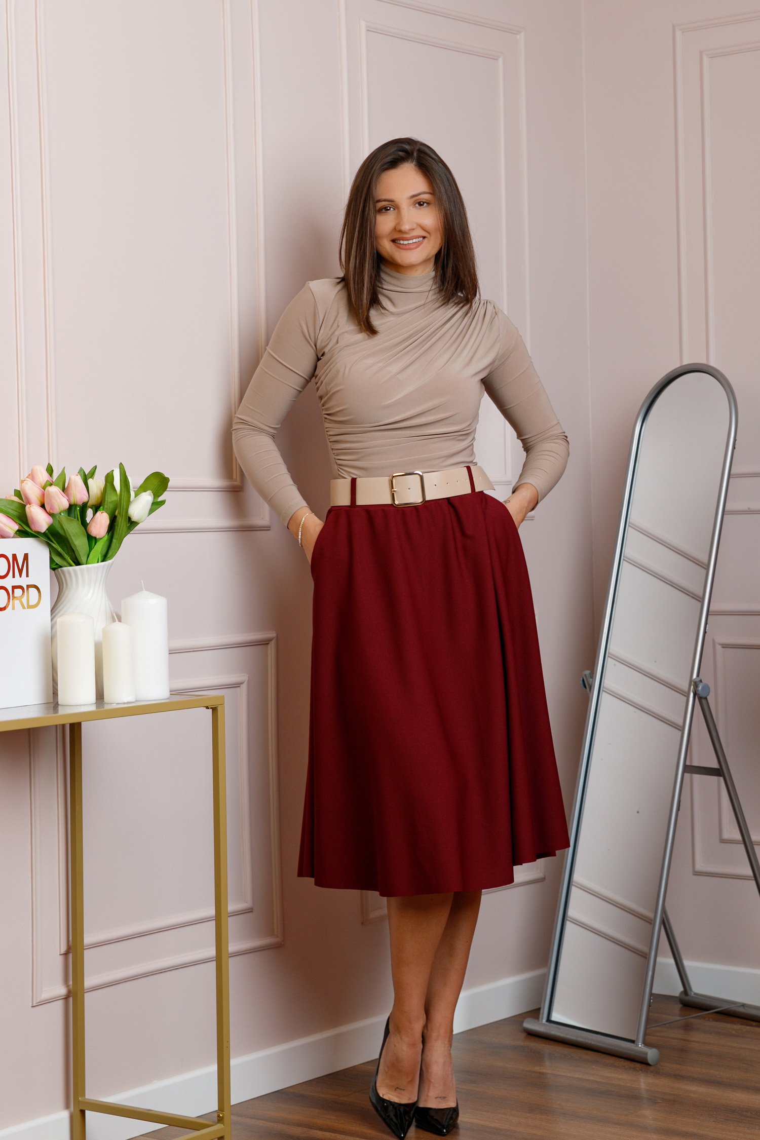 Fuste - Fusta grena midi cu talie inalta, curea si buzunare laterale Isla