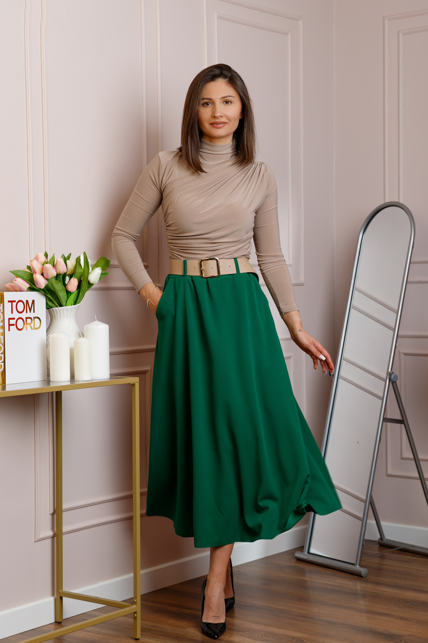 Fuste - Fusta midi verde smarald eleganta cu talie inalta si curea reglabila Ivy