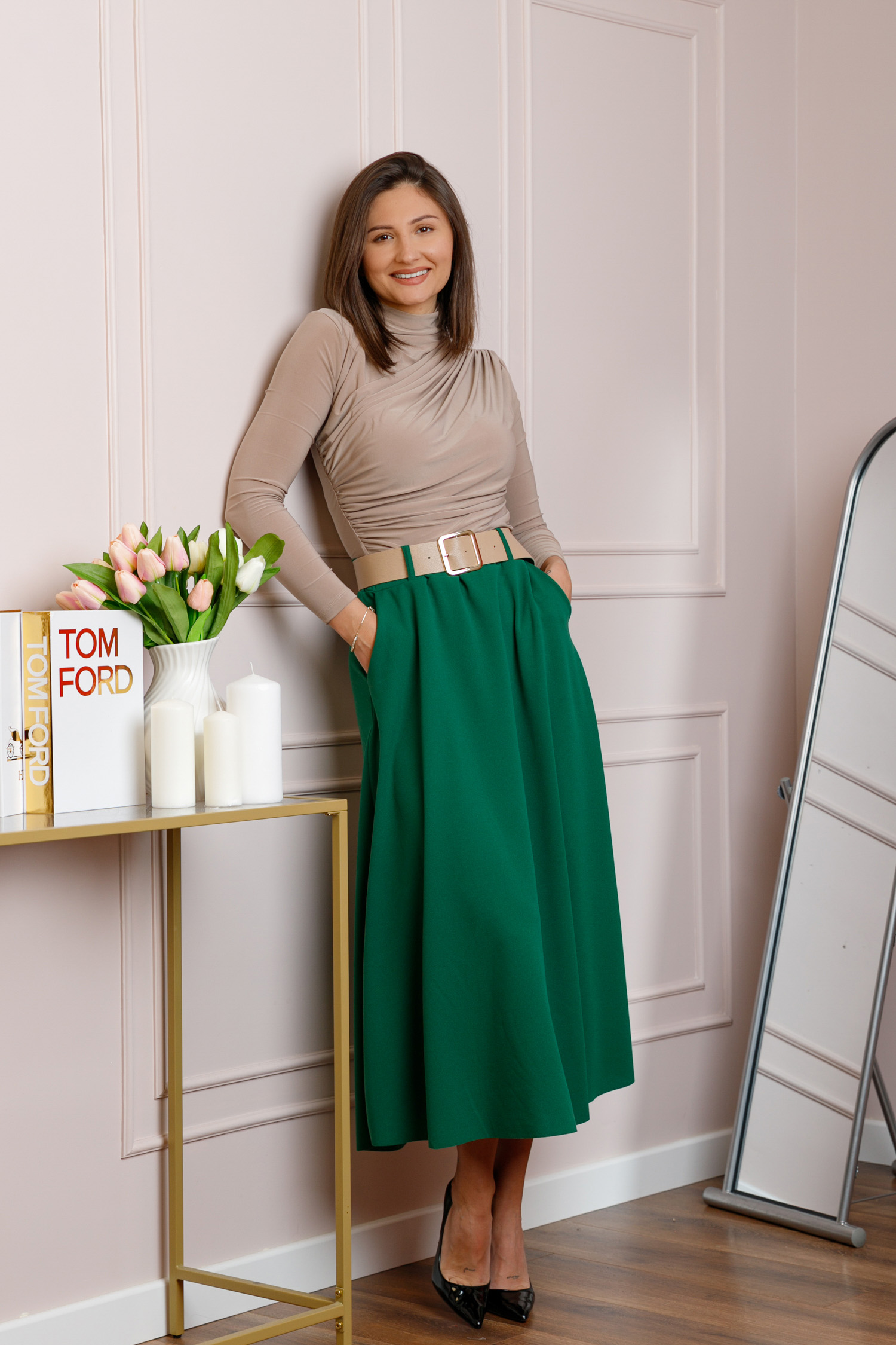 Fusta midi verde smarald eleganta cu talie inalta si curea reglabila Ivy [2]