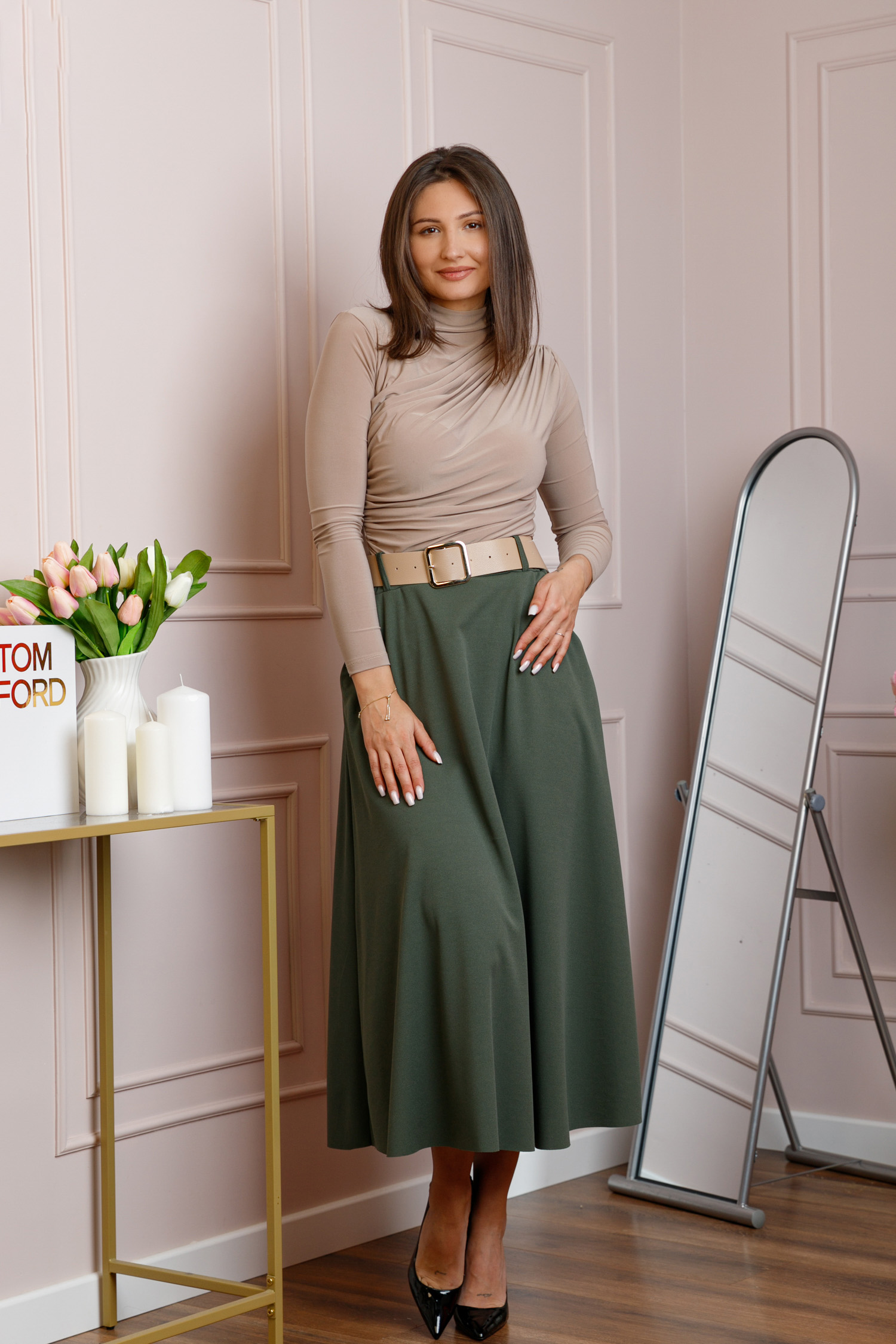 Fusta midi kaki eleganta cu talie inalta si curea reglabila Ivy [1]