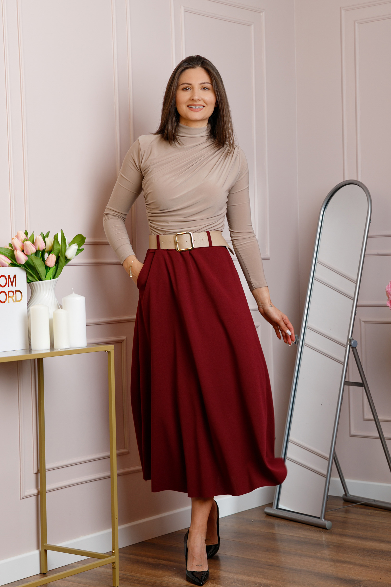 Fuste - Fusta midi grena eleganta cu talie inalta si curea reglabila Ivy