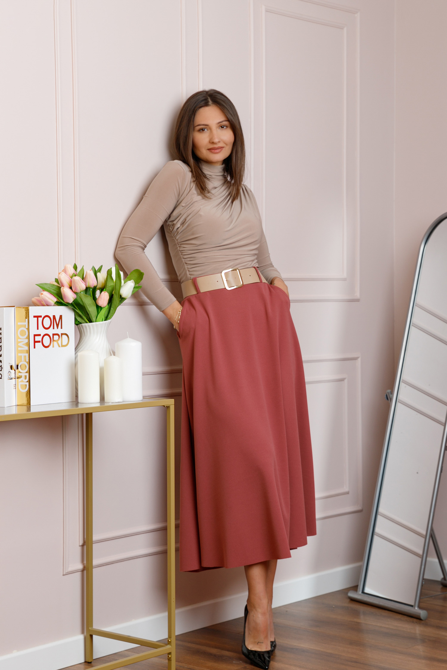 Fusta midi roz somon eleganta cu talie inalta si curea reglabila Ivy [2]