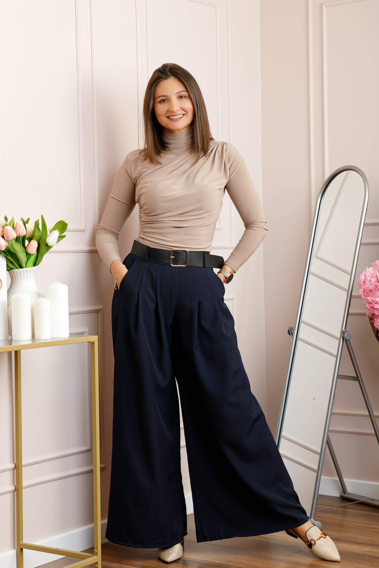 Pantaloni - Pantaloni palazzo bleumarin cu talie elastica si curea reglabila Savannah