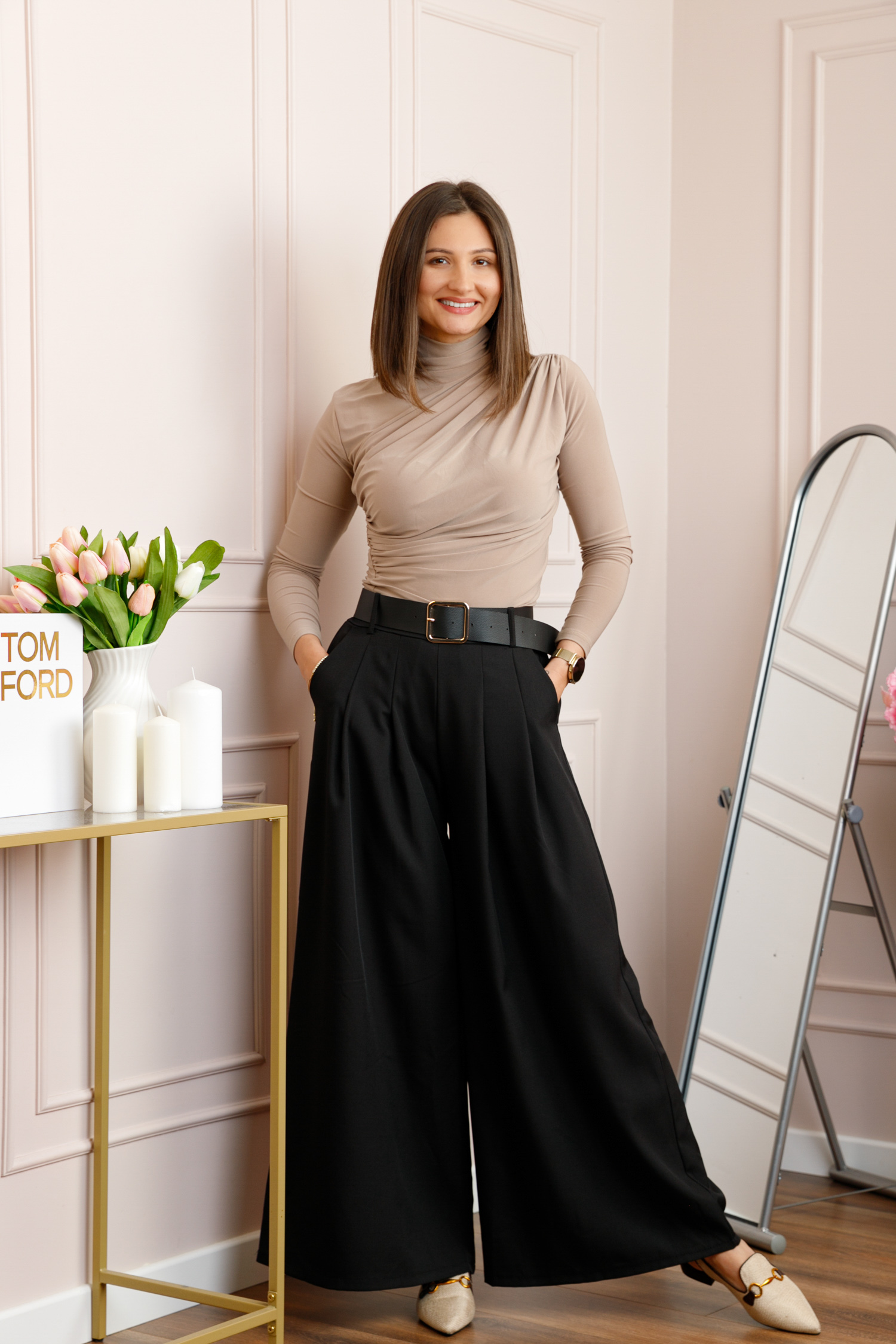 Pantaloni - Pantaloni palazzo negri cu talie elastica si curea reglabila Savannah