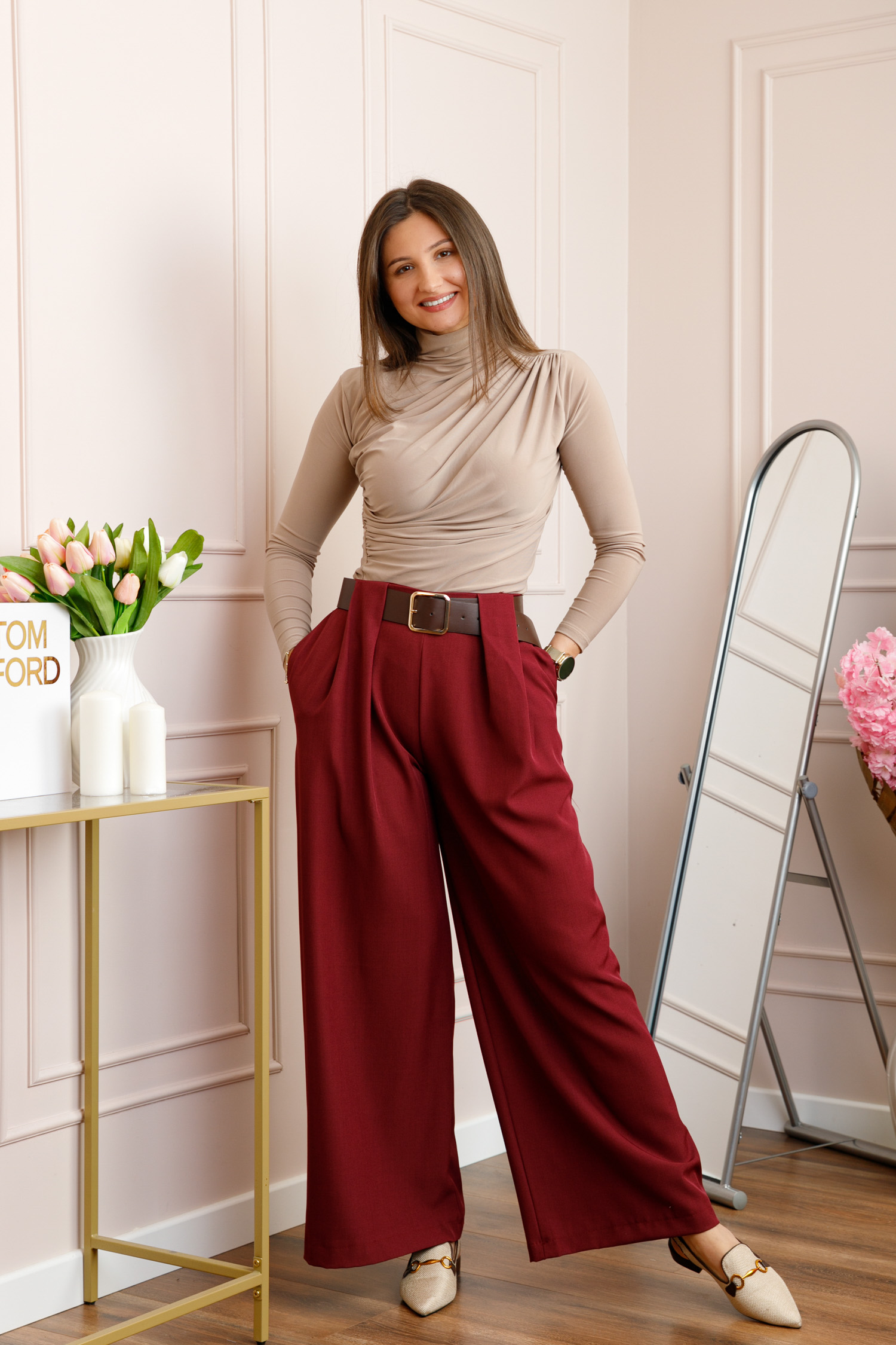 Pantaloni - Pantaloni dama Judith grena cu croi larg si talie inalta cu curea