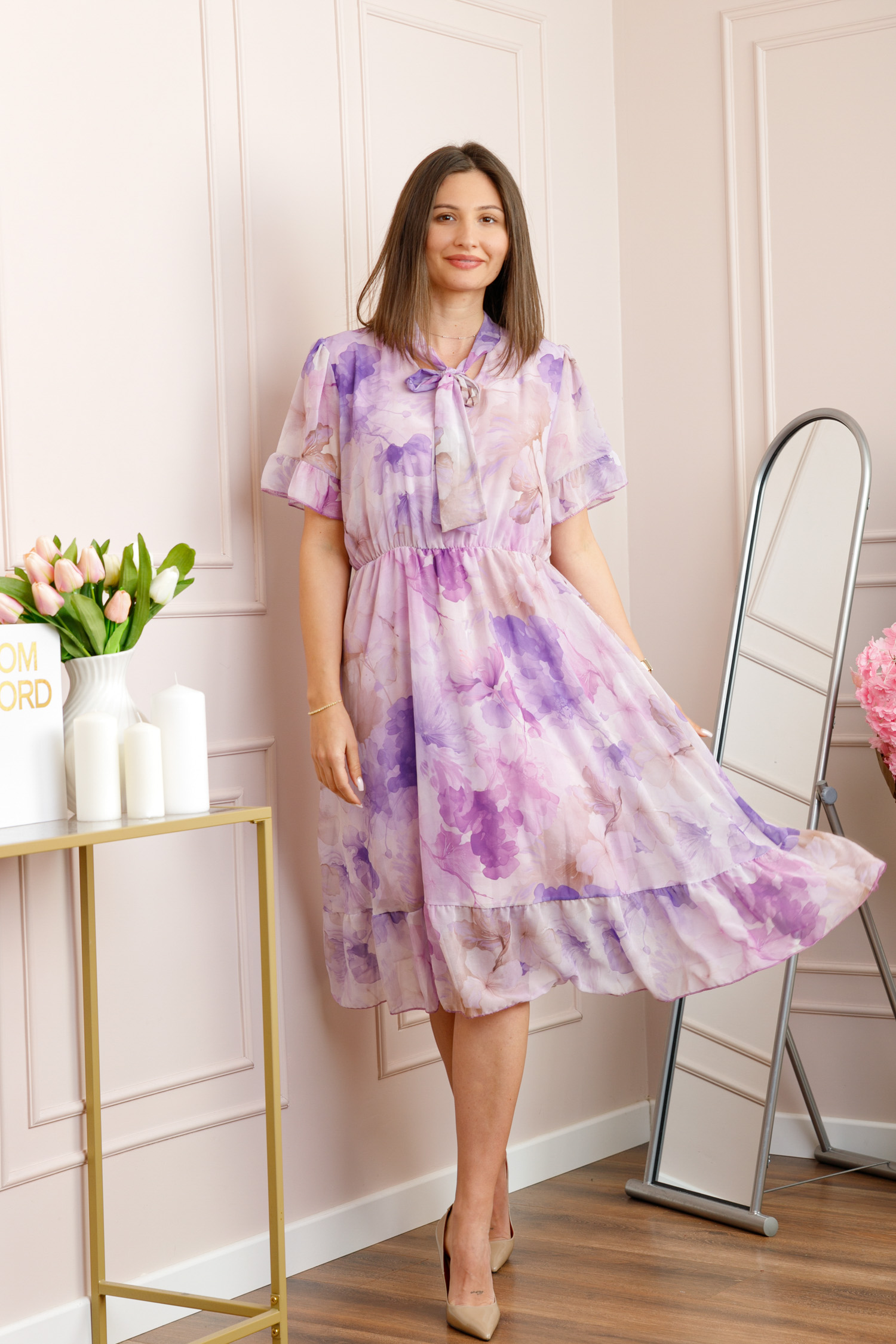 Rochie midi lila Annalise cu imprimeu floral si funda la decolteu [3]