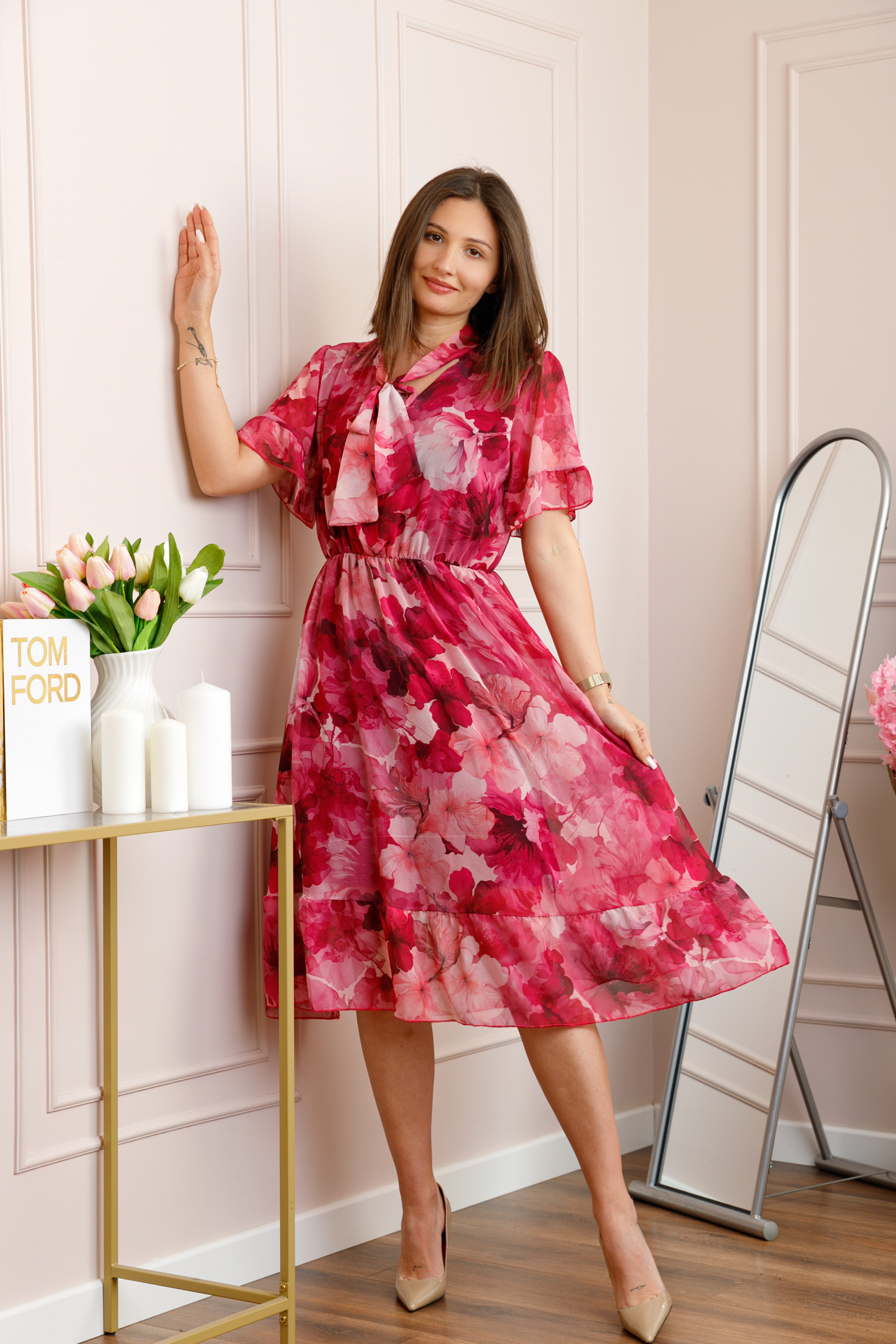 Rochii - Rochie midi ciclam Annalise cu imprimeu floral si funda la decolteu