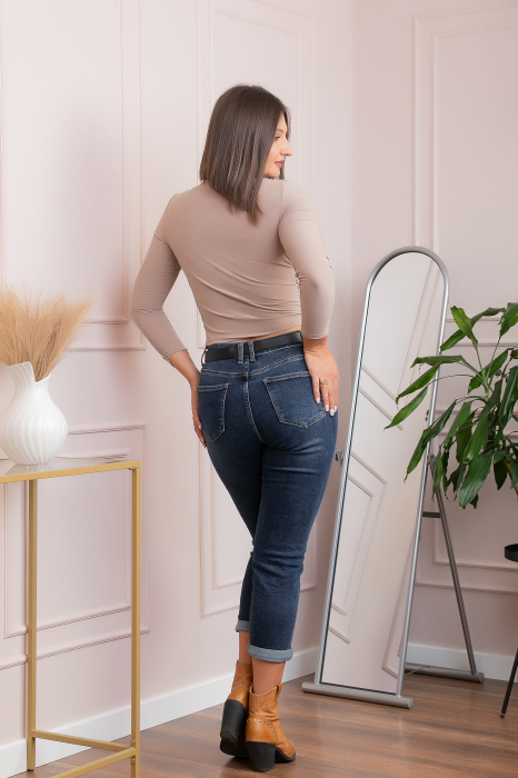 Blugi dama conici, talie inalta, albastru denim prespalat — Holly [3]