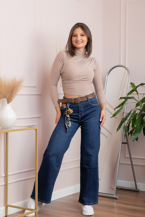 Blugi dama wide leg, talie inalta, albastru clasic cu curea ,   Britney