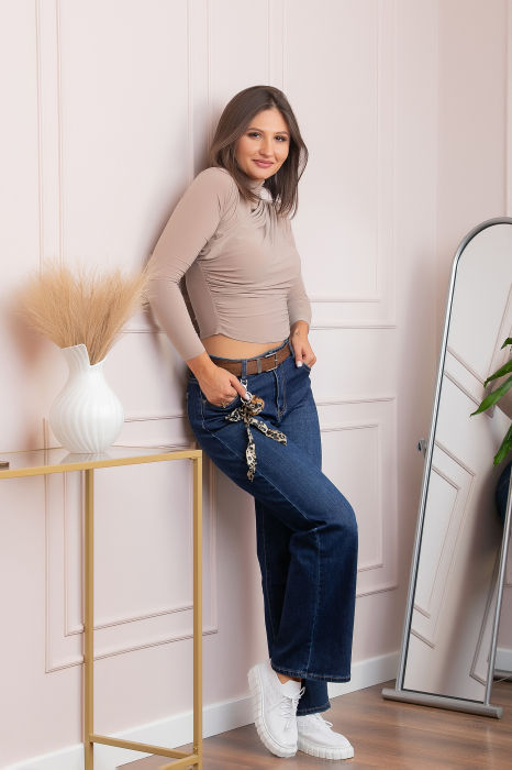 Blugi dama wide leg, talie inalta, albastru clasic cu curea — Britney [4]