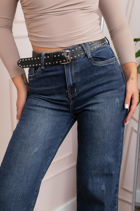 Blugi dama wide leg, talie inalta, albastru clasic washed cu curea cu tinte — Britney [2]