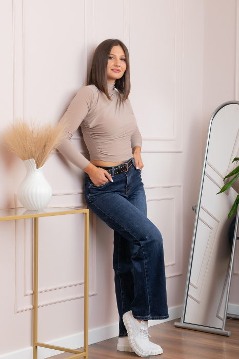 Blugi dama wide leg, talie inalta, albastru clasic washed cu curea cu tinte — Britney [4]