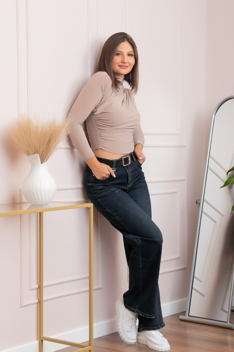 Blugi dama wide leg, talie inalta, albastru inchis washed cu curea — Britney [4]