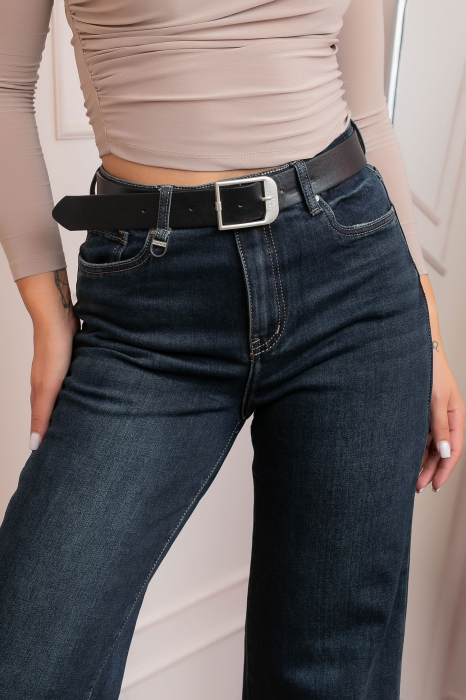 Blugi dama wide leg, talie inalta, albastru inchis washed cu curea — Britney [2]