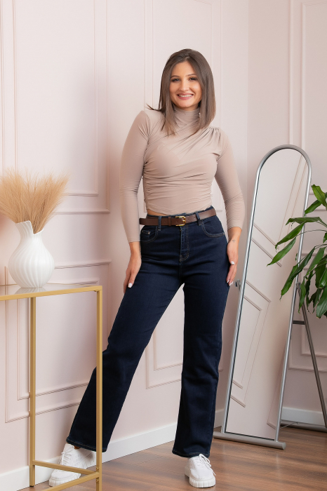 Blugi dama wide leg, talie inalta, albastru indigo cu curea ,   Britney