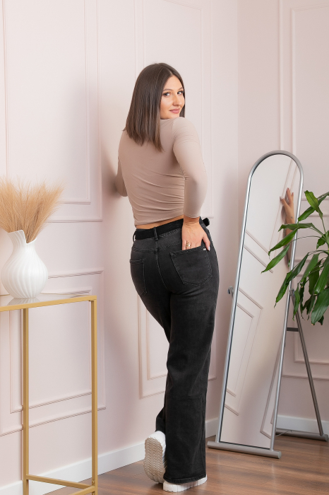 Blugi dama wide leg, talie inalta, negru washed — Britney [4]