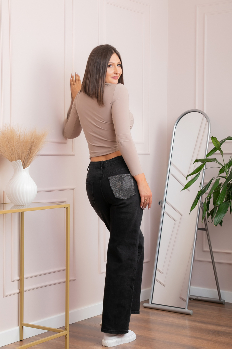 Blugi dama wide leg, talie inalta, negru washed cu buzunar cu strasuri — Britney [3]