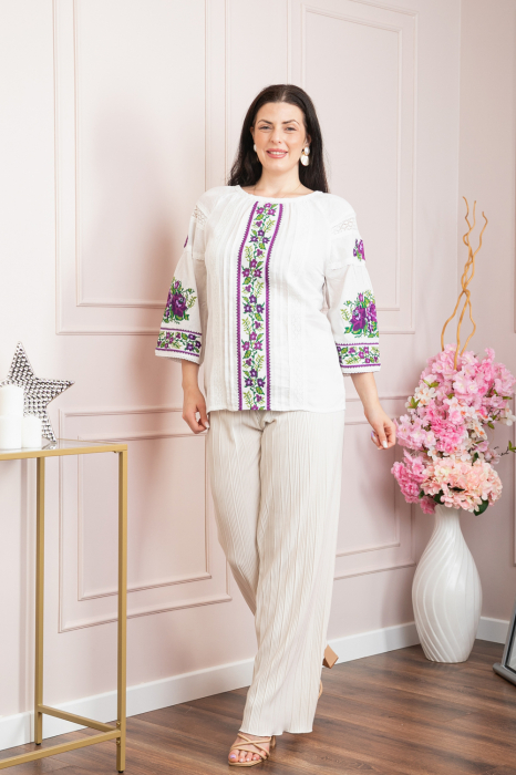 Bluza alba cu motiv floral mov Francesca 07 [4]