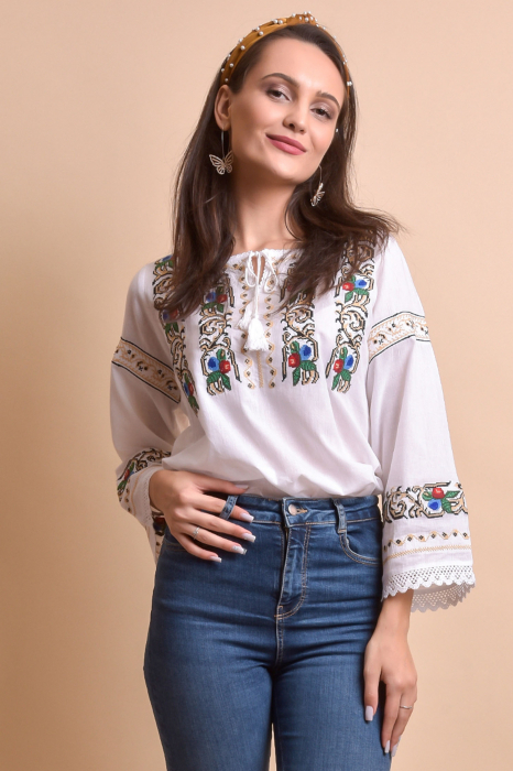 Bluza alba cu motiv floral multicolor Malvina