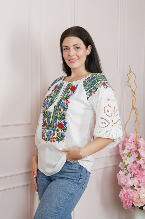 Bluza alba cu motiv floral multicolor Simona 01 - maneca scurta [3]