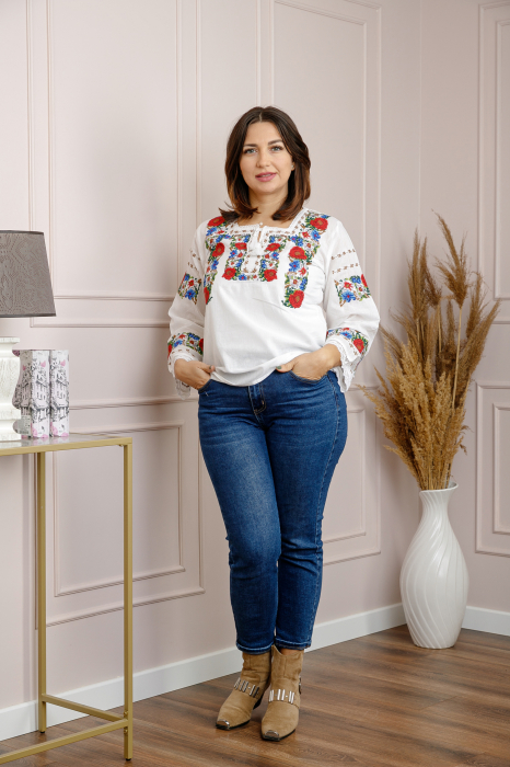Bluza alba cu motiv floral rosu Adina 03 [4]