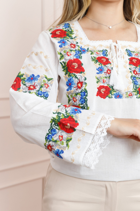 Bluza alba cu motiv floral rosu Adina 01 - maneca lunga [2]