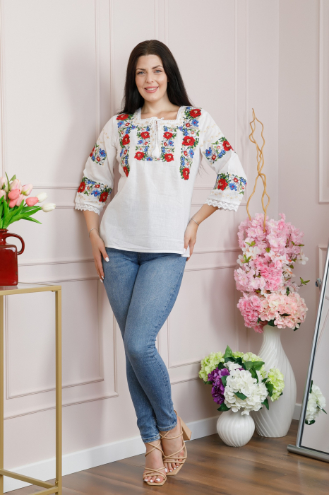 Bluza alba cu motiv floral rosu Adina 01 - maneca scurta [4]