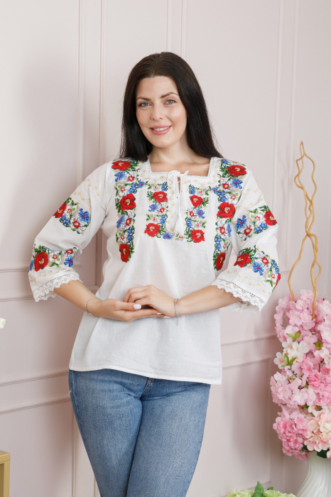 Bluza alba cu motiv floral rosu Adina 01 - maneca scurta