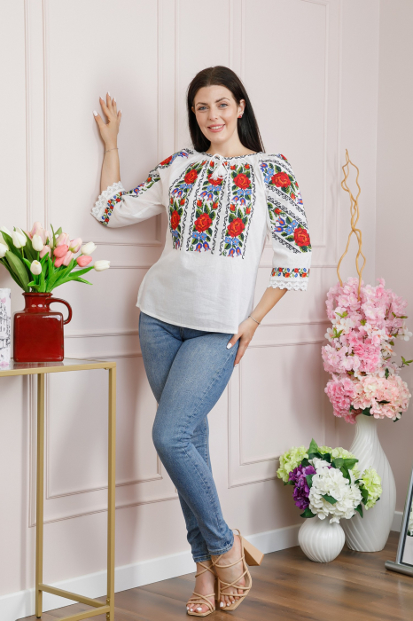 Bluza alba cu motiv floral rosu Valentina 01 - maneca scurta [4]