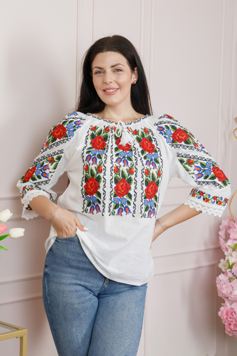 Bluza alba cu motiv floral rosu Valentina 01 - maneca scurta [3]