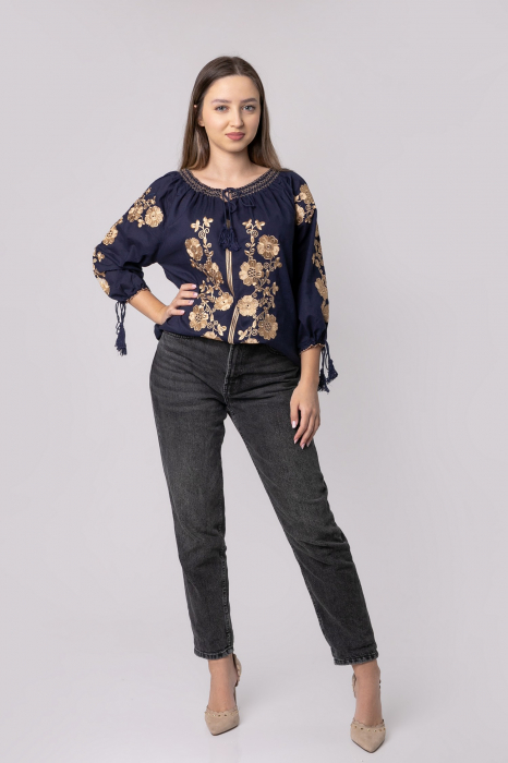 Bluza albastra cu motiv floral auriu Hortensia [4]