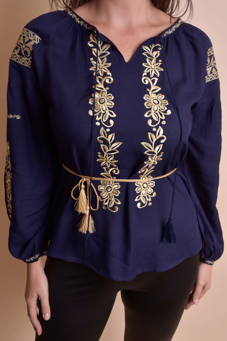 Bluza albastra cu motiv floral auriu Otilia 02 [2]