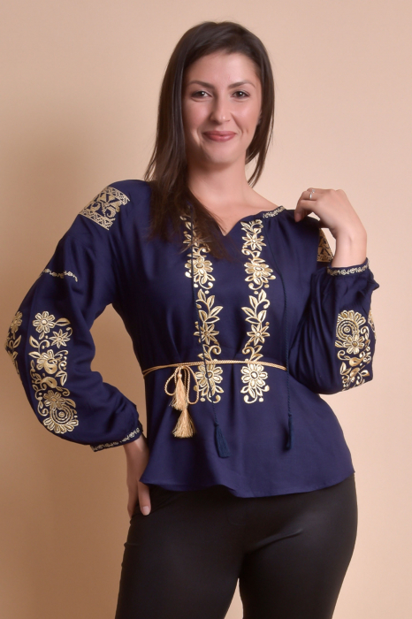 Bluza albastra cu motiv floral auriu Otilia 02 [6]