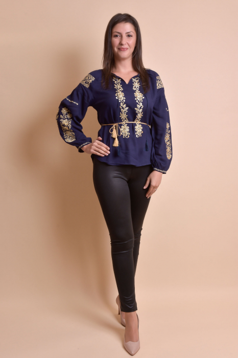 Bluza albastra cu motiv floral auriu Otilia 02 [7]