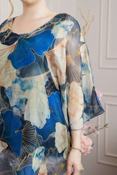 Bluza albastra din voal cu maneci largi si imprimeu floral [2]
