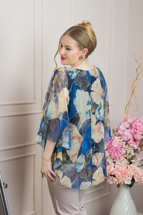 Bluza albastra din voal cu maneci largi si imprimeu floral [3]