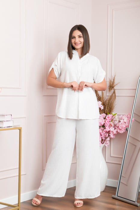 Bluza casual Athena cu guler stil tunica si insertii argintii - Alb [6]