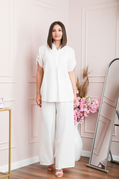 Bluza casual Athena cu guler stil tunica si insertii argintii - Alb [5]