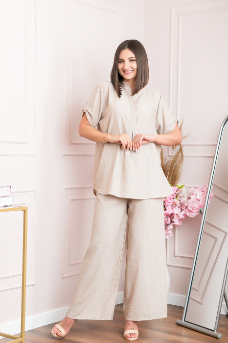 Bluza casual Athena cu guler stil tunica si insertii argintii - Bej [6]