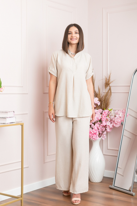 Pantaloni palazzo Athena cu talie elastica si insertii argintii - Ecru [5]