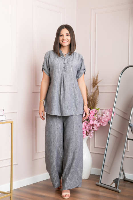Pantaloni palazzo Athena cu talie elastica si insertii argintii - Gri [5]