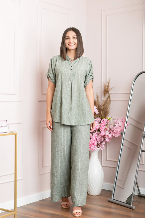 Bluza casual Athena cu guler stil tunica si insertii argintii - Kaki [5]