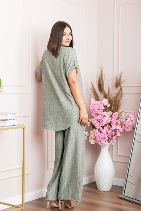 Bluza casual Athena cu guler stil tunica si insertii argintii - Kaki [4]