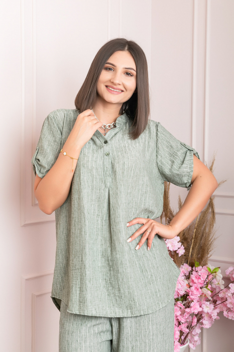 Bluza casual Athena cu guler stil tunica si insertii argintii - Kaki